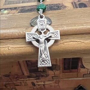 Silver Celtic Cross Pendant with Green Beads